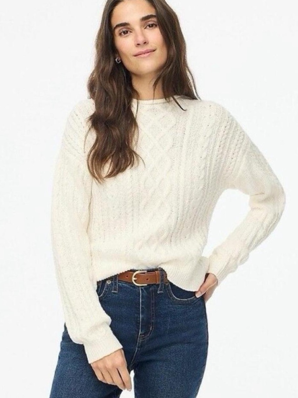 J. Crew Cream Cable-Knit Crewneck Rolled Sweater